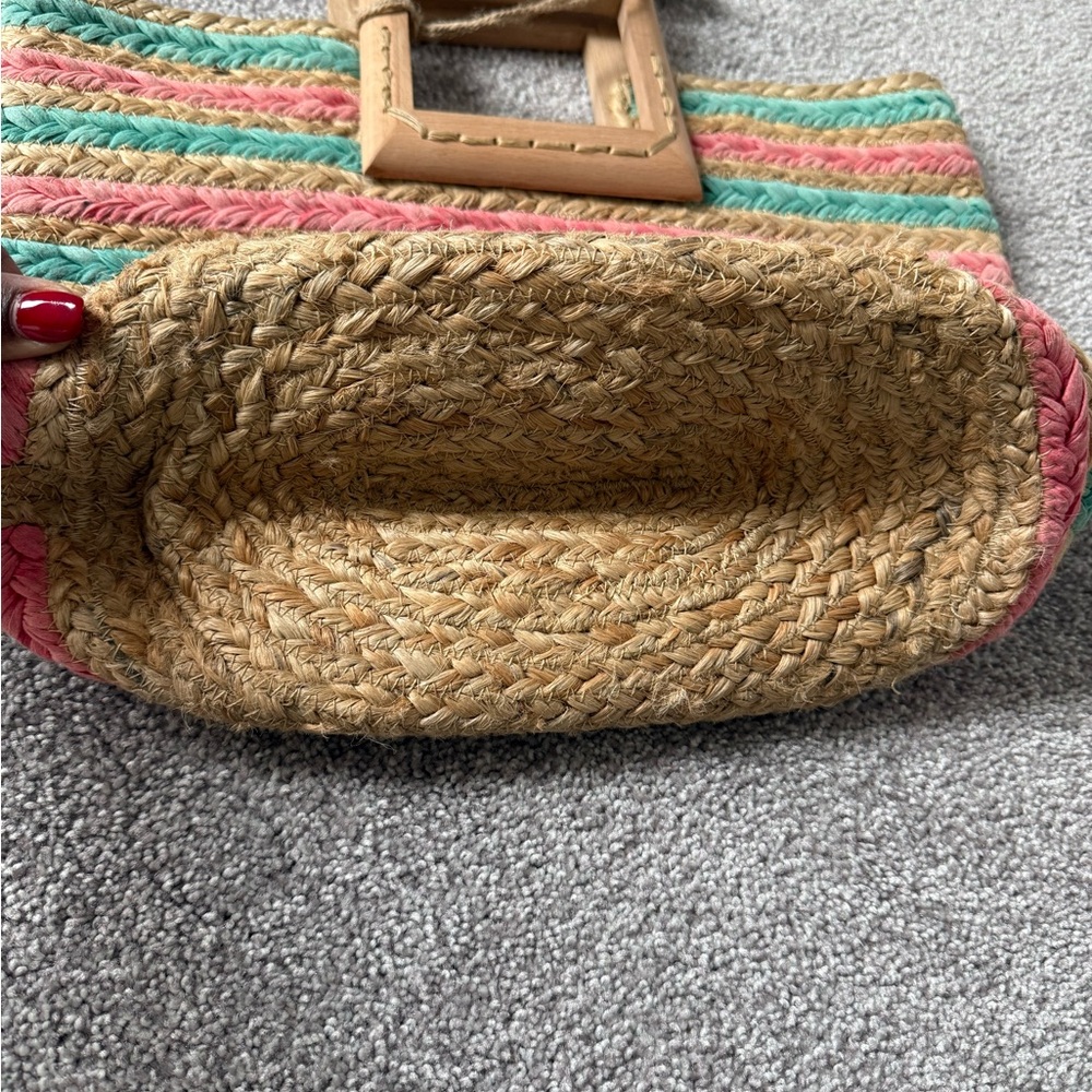 Antik Kraft hand made square wood handle striped pink green jute Bag - Picture 5 of 10